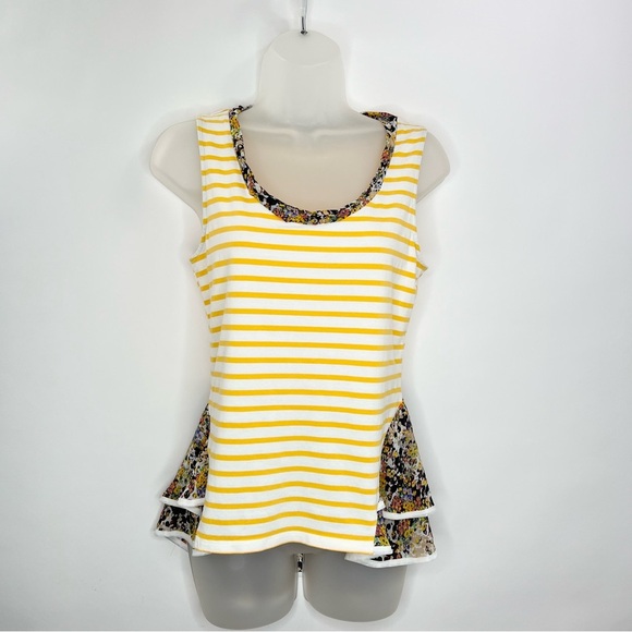 Anthropologie  Postmate Sleeveless Yellow White Stripe Floral Trim Sz Small Tank - Picture 1 of 10